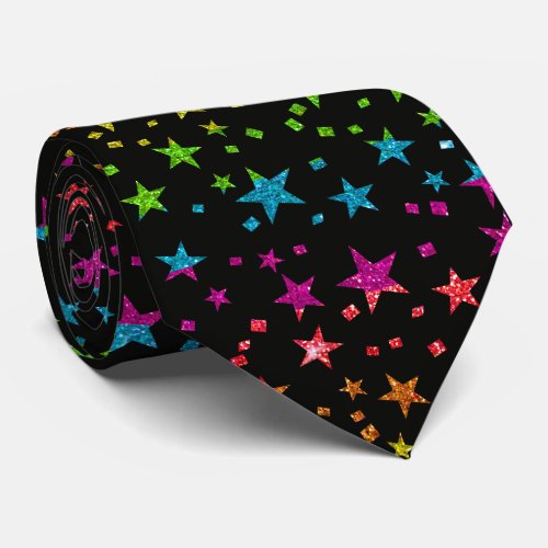 Professional Rainbow Glitter Stars Groom Black Neck Tie