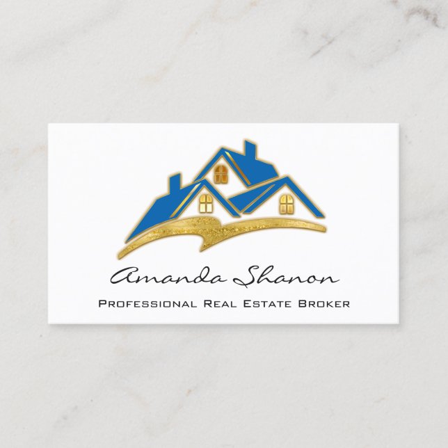Professional Real Estate Broker Agent Blue Gold Business Card (Front)