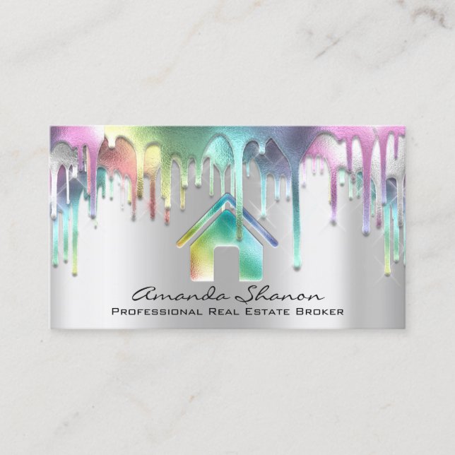 Professional Real Estate Broker Silver Gray Drips Business Card (Front)