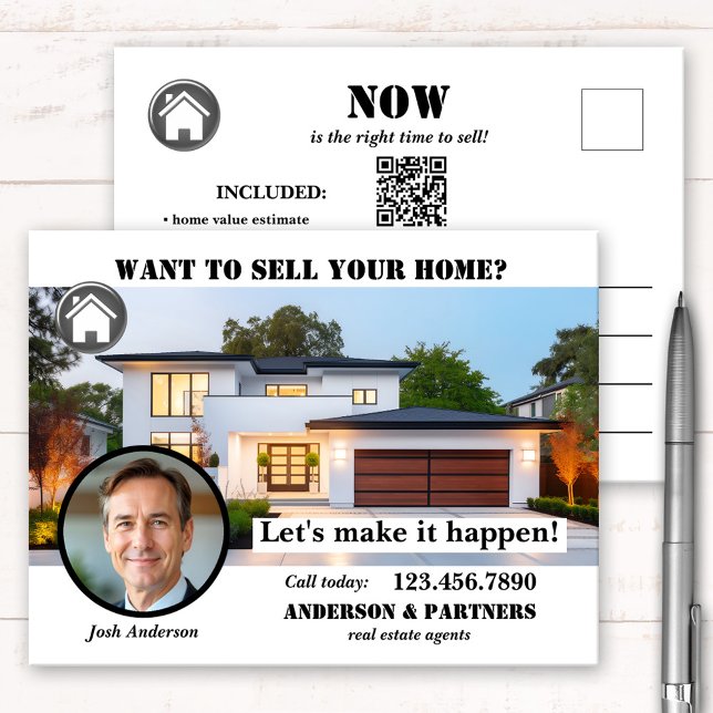 Professional Real Estate Sell a Home  Postcard (Marketing postcard for real estate agents featuring a house  photo with logo and QR code templates)