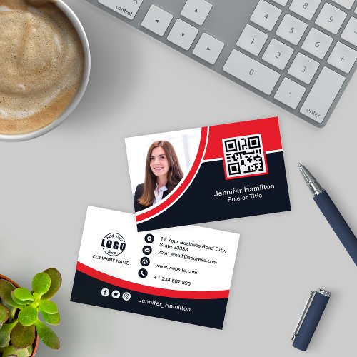 Professional Red add your Logo QR Code Photo Business Card