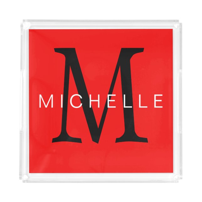 Professional Red Black Monogram Your Name Acrylic Tray (Front)