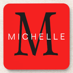 Professional Red Black Monogram Your Name Beverage Coaster