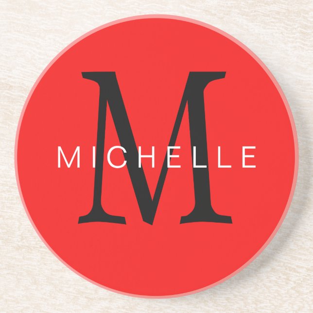 Professional Red Black Monogram Your Name Coaster (Front)