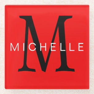 Professional Red Black Monogram Your Name Glass Coaster