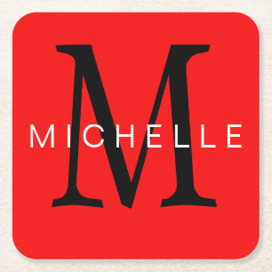 Professional Red Black Monogram Your Name Square Paper Coaster