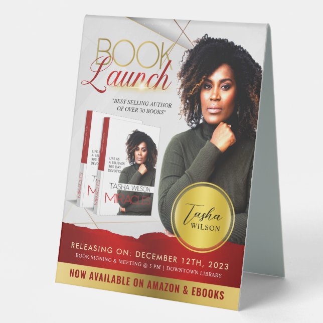 Professional Red & Gold Book Launch Table Tent (Front)