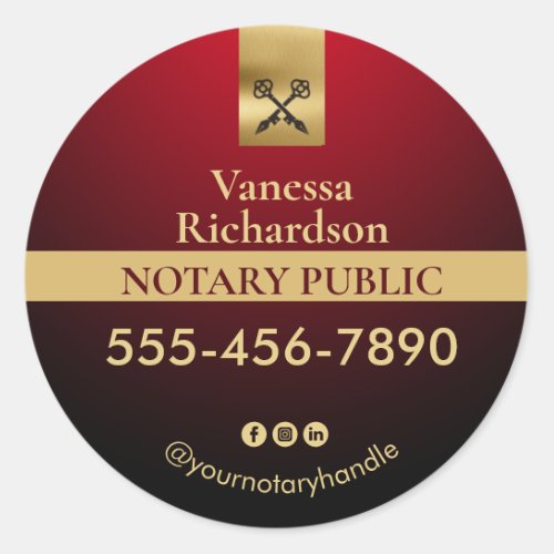 Professional Red  Gold Notary Social Marketing  Classic Round Sticker