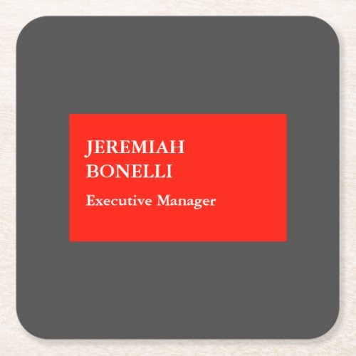 Professional red grey minimalist modern your name square paper coaster