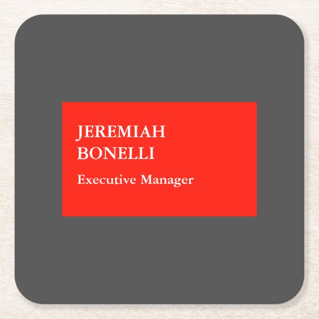 Professional red grey minimalist modern your name square paper coaster (Front)