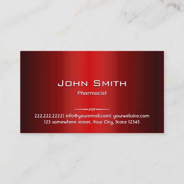 Professional Red Metal Pharmacist Business Card (Front)