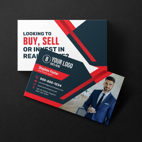 Professional Red Real Estate Agent Buy Sell Invest Business Card