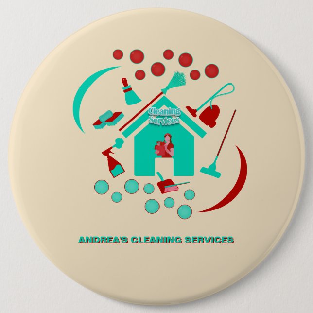 Professional Red & Teal Cleaning Services Cute Button (Front)