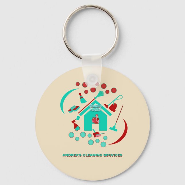 Professional Red & Teal Cleaning Services Logo Keychain (Front)