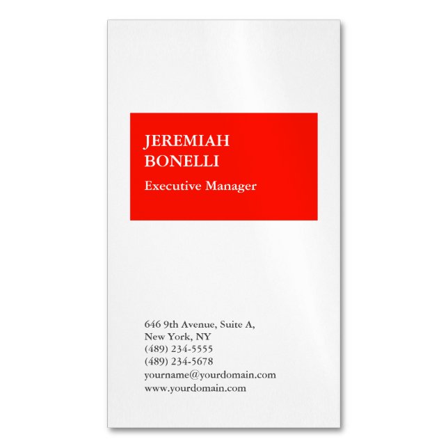 Professional red white minimalist modern business card magnet (Front Vertical)