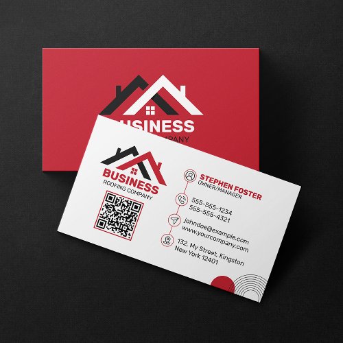 Professional Red  White Roofing Construction Business Card