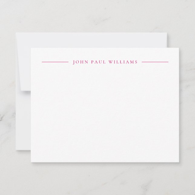 Professional Refined Modern Center Name Hot Pink Note Card (Front)