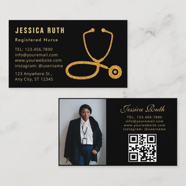 Professional Registered Nurse Photo Black qr code Business Card (Front/Back)