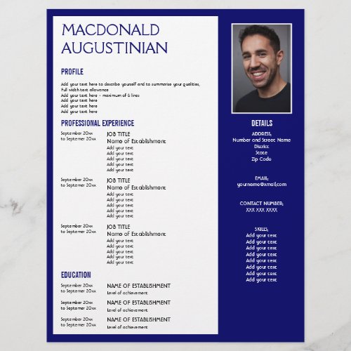 Professional RESUME TEMPLATE  Custom Photo BLUE Letterhead