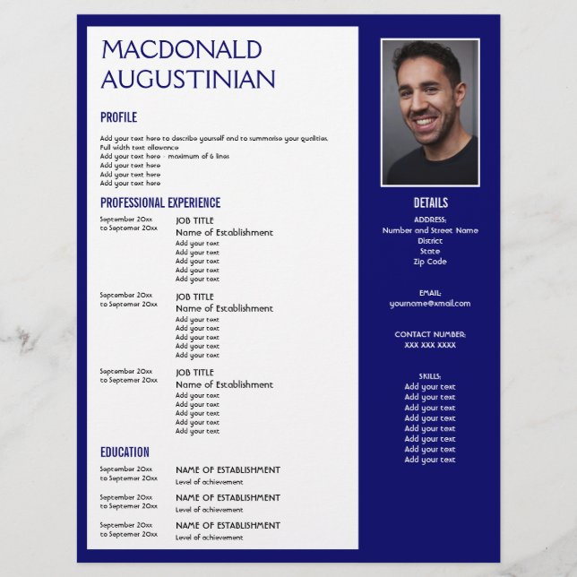 Professional RESUME TEMPLATE | Custom Photo BLUE Letterhead (Front)