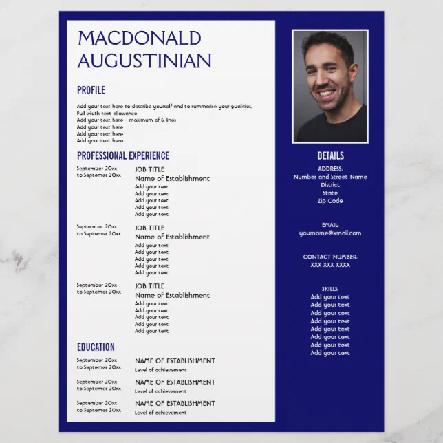 Professional RESUME TEMPLATE | Custom Photo BLUE Letterhead | Zazzle