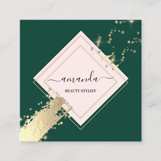 Professional Rose Frame Gold Green  Confetti  Square Business Card (Front)