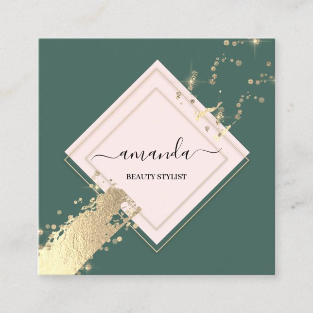 Professional Rose Frame Gold Green Stroke Logo Square Business Card (Front)