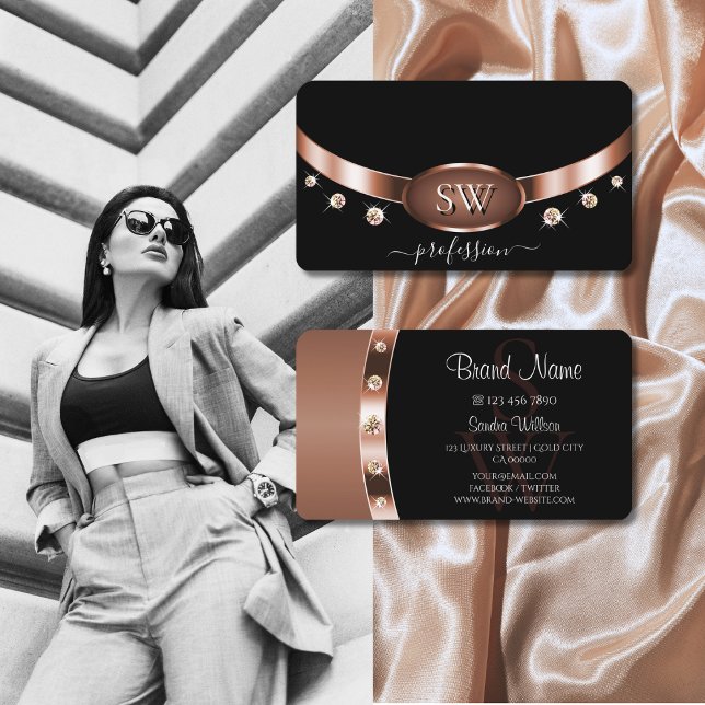 Professional Rose Gold and Black Monogram Diamonds Business Card (Creator Uploaded)