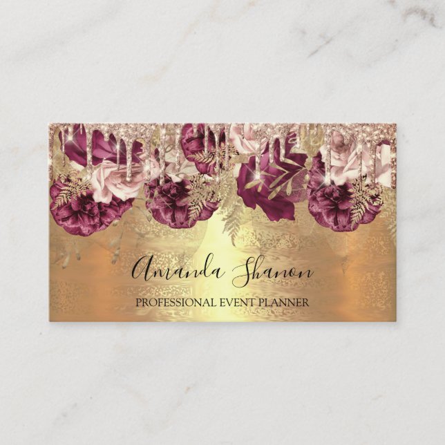 Professional Rose Gold Flowers Drip QR CODE Logo  Business Card (Front)
