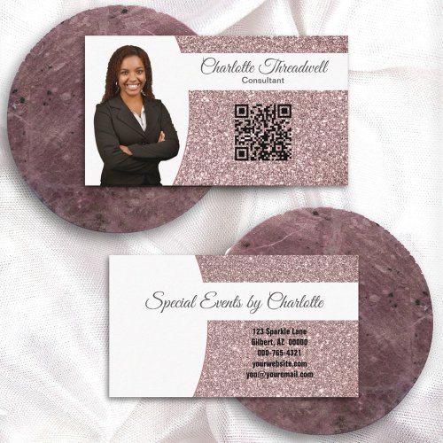 Professional Rose Gold Glitter Custom Photo QR Business Card