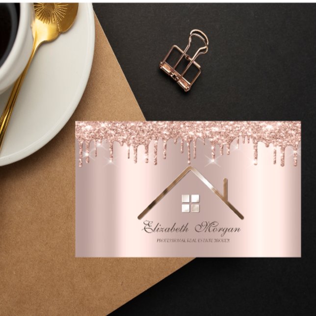 Professional Rose Gold Glitter Drips Real Estate  Business Card (Creator Uploaded)