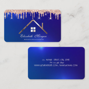 Professional Rose Gold Glitter Drips Roof Blue Business Card
