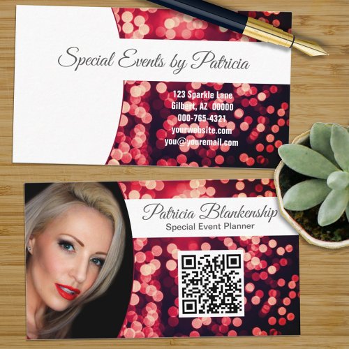Professional Rosy Red Bokeh Custom Photo QR Business Card