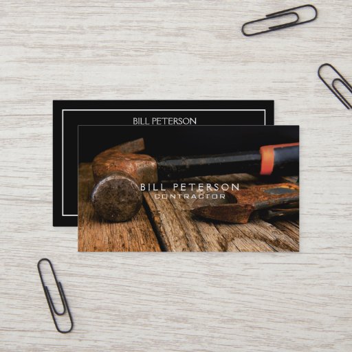 Customizable Professional Rustic Construction Contractor Hammer Business Card