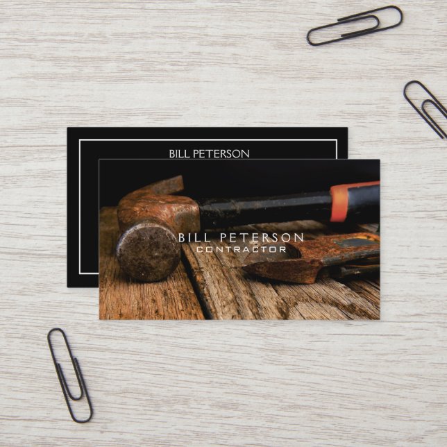 Professional Rustic Construction Contractor Hammer Business Card (Front/Back In Situ)