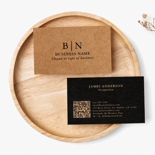 Professional Rustic Faux Kraft Initials  QR Code Business Card