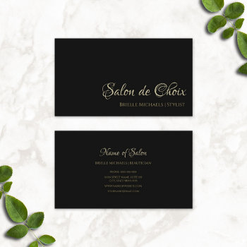 Professional Salon Minimal Black And Gold Script Business Card by GirlyBusinessCards at Zazzle
