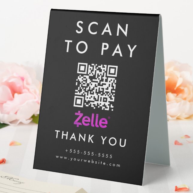 Professional Scan to Pay Zelle QR Code Black Table Tent (In SItu (Wedding))