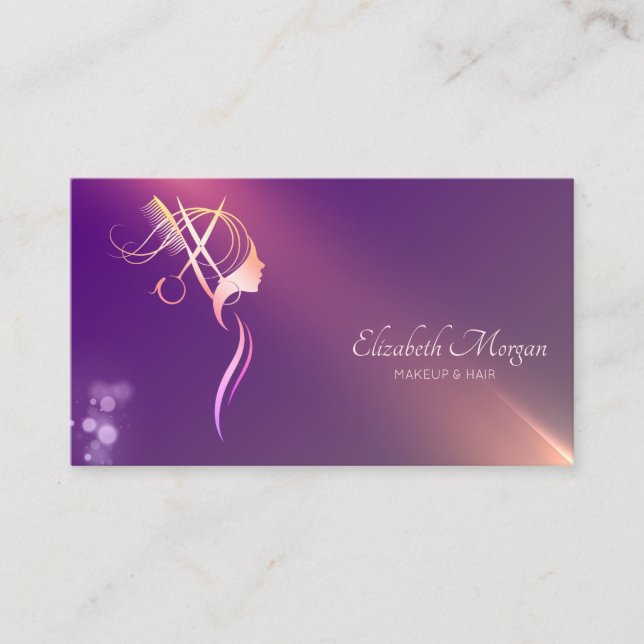 Professional Scissors Girl Silhouette Purple Business Card (Front)