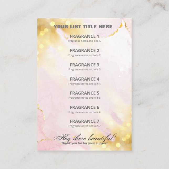 Professional Shimmer Pink Gold Fragrance List Card (Back)