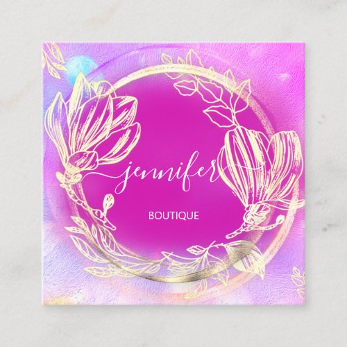 Professional  Shop FrameGold Holograph Pink Floral Square Business Card