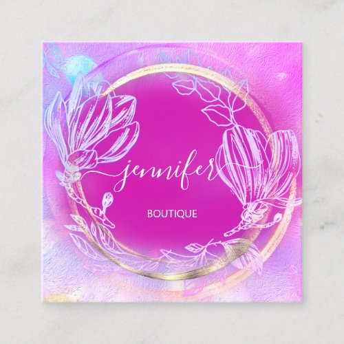 Professional  Shop FrameGold Holograph Pink Floral Square Business Card