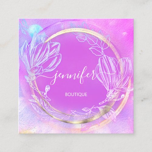 Professional  Shop Gold Holograph Pinky Floral Square Business Card