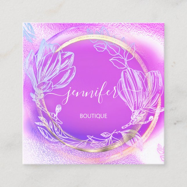 Professional  Shop Gold Pink Floral QR Code Logo Square Business Card (Front)