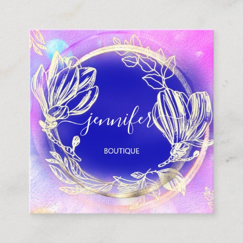 Professional  Shop Rose Gold Holograph Blue Floral Square Business Card