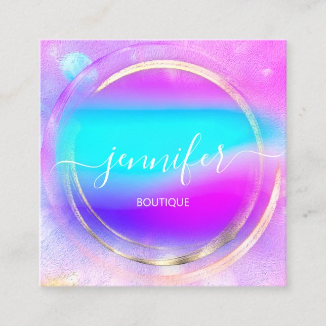 Professional  Shop Rose Gold Holograph Blue Pink Square Business Card (Front)