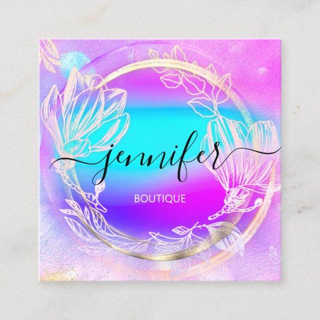 Professional  Shop Rose Gold Holograph Pink Floral Square Business Card (Front)