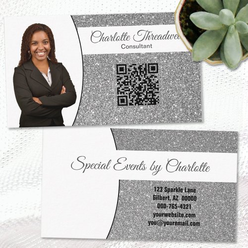 Professional Silver Glitter Custom Photo QR Business Card
