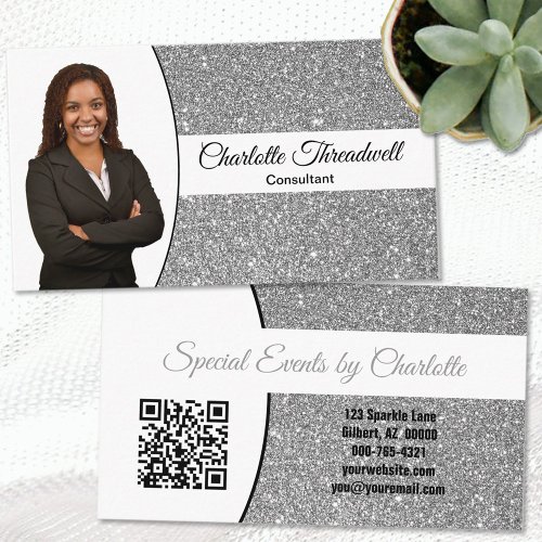 Professional Silver Glitter Custom Photo QR Code Business Card