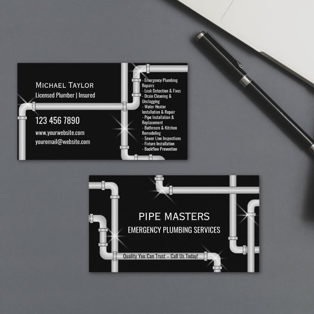 Professional Silver Plumber Pipes Plumbing Tools Business Card (Creator Uploaded)